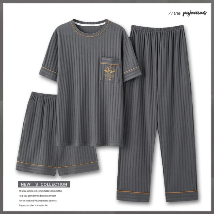 Men's Fashion Summer 3-Piece Pajamas Set Short Sleeve round Collar Cotton Homewear plus Size 5XL Shorts Loungewear Pijamas
