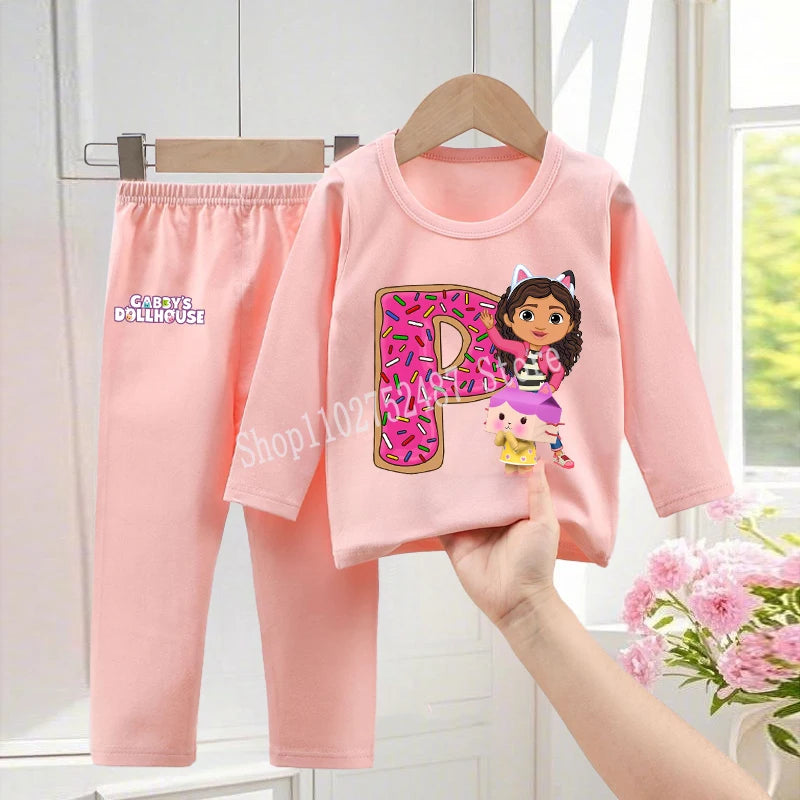 Gabby Dollhouses Pajamas Pants Set Girls Cute Letter A-Z Nightwear Trousers Kids Winter Home Clothes Children Long Sleeves Gift