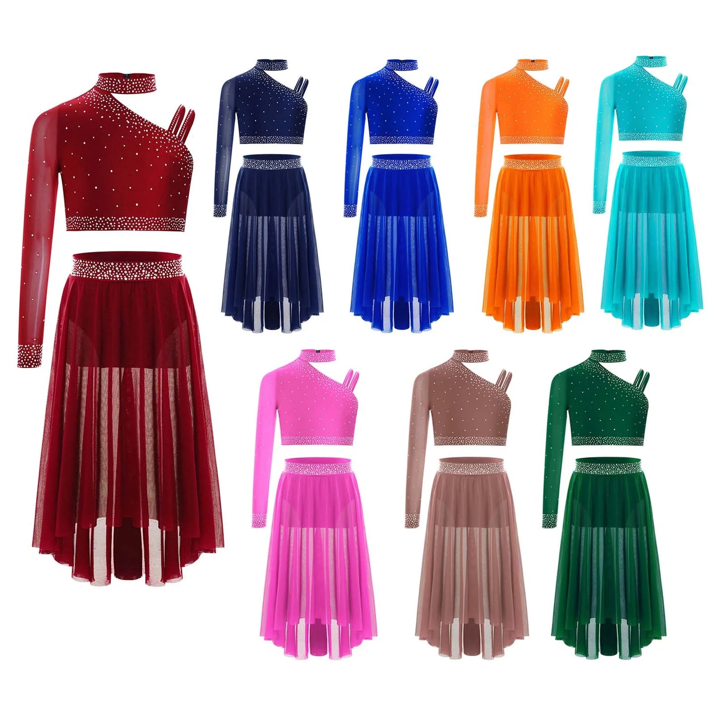Girls Lyrical Dance Set Rhinestones Tops One Shoulder Crop Top with Side Slit Irregular Mesh Skirt Modern Contemporary Dancewear