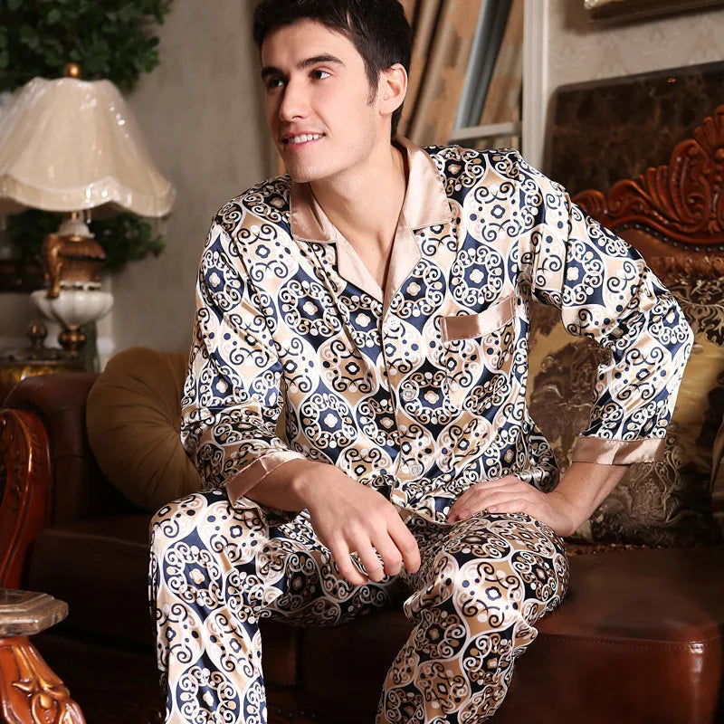 Spring Autumn New Male 2PCS Pajamas Set Sleepwear Print Long Sleeve Trouser Pijamas Suit Loungewear Loose Silk Satin Home Wear