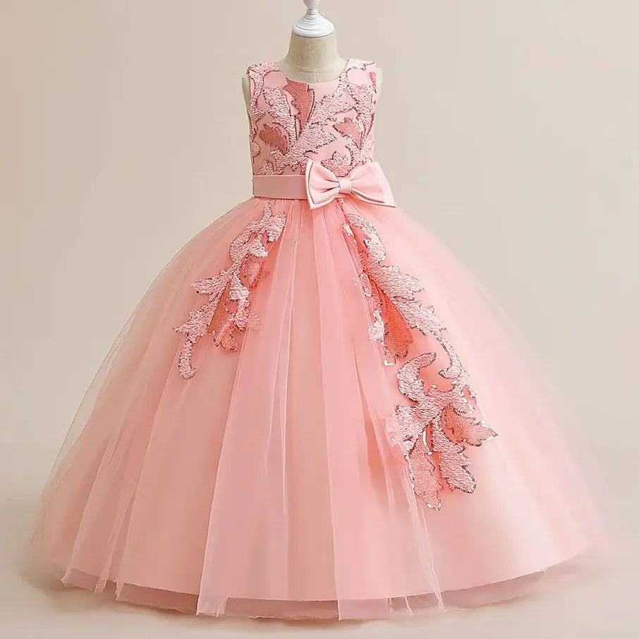 Formal Party Dress For Teenage Girls Tulle Sequins Embroidery Princess Dress For Kids Wedding Birthday Pageant Prom Maxi Gown