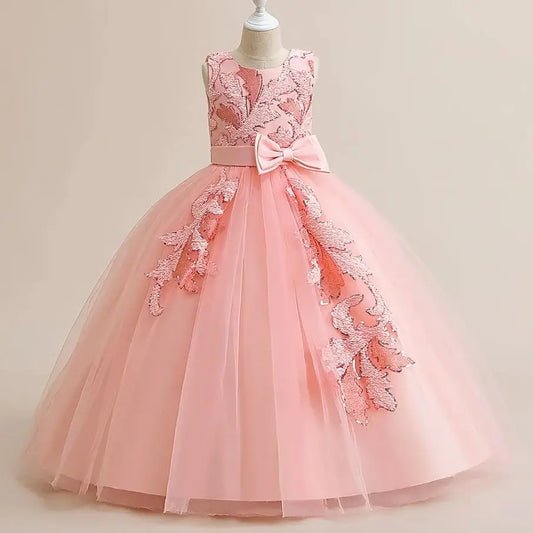 Formal Party Dress For Teenage Girls Tulle Sequins Embroidery Princess Dress For Kids Wedding Birthday Pageant Prom Maxi Gown