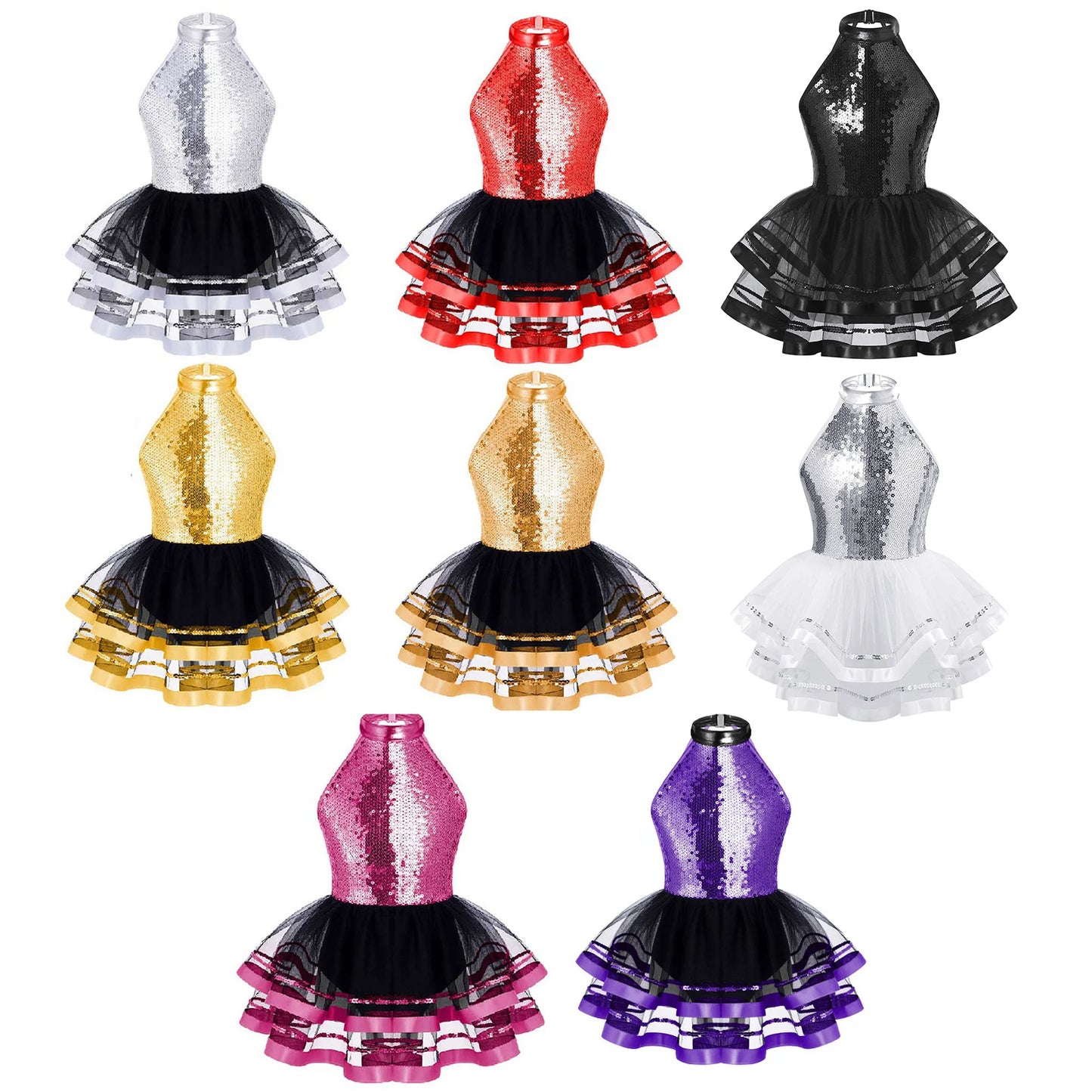 Girls Teens Shiny Sequin Tulle Dress for Ballet Latin Jazz Lyrical Dance Dresses Sleeveless Halter Neck Leotards Tutu Dress