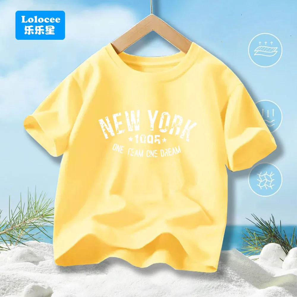 Teens Boys Summer Cotton Fashionable Casual T-shirt Kids New York Letter Printed Round Neck Short Sleeve T-shirt Top ZNYB1