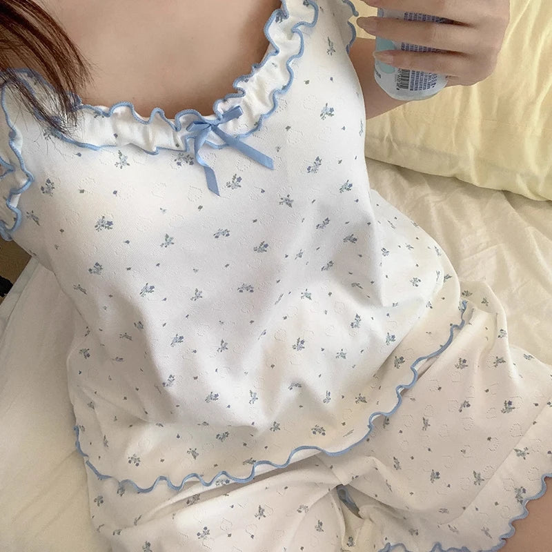 Girls Sweet Floral Pajamas Female With Chest Pad Camisole Vest Home Wear Suit