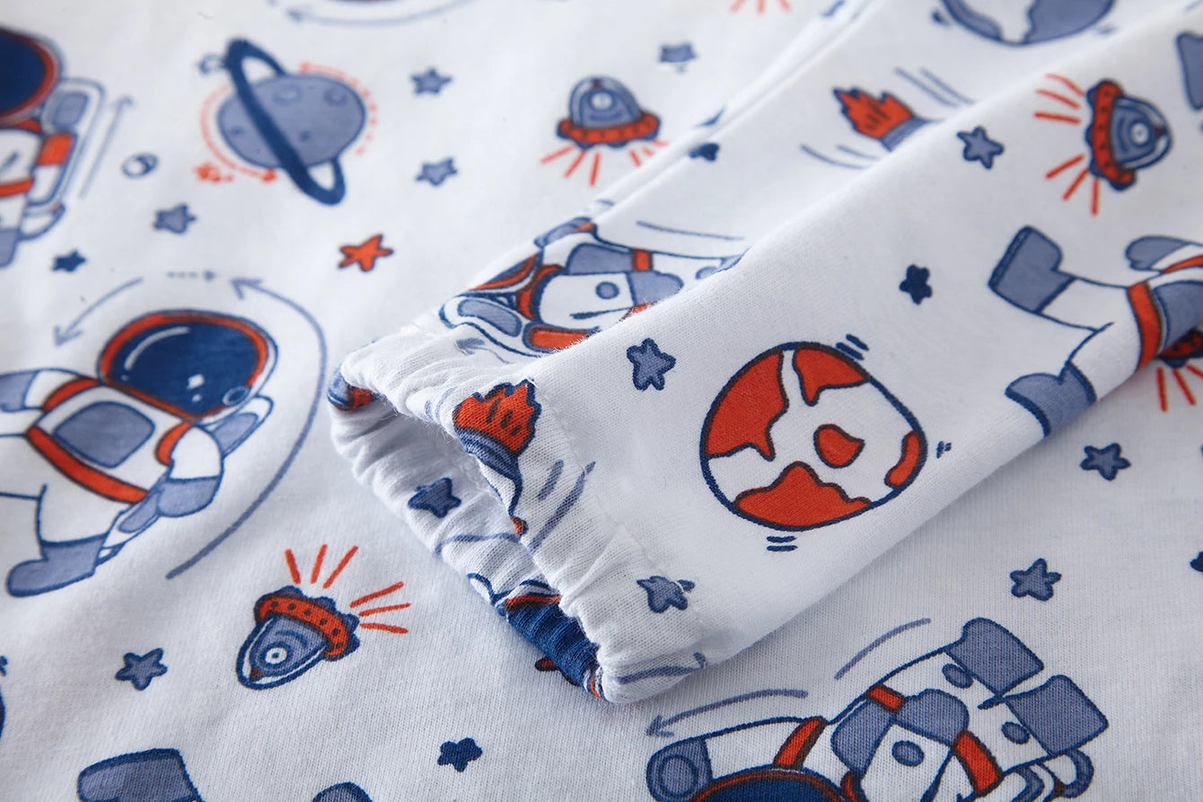 Pajamas Set for Kids 100% Cotton Soft Boys Girls Cartoon Astronaut Nightwear Long Sleeve Comfortable Pjs Age 1-8 Years