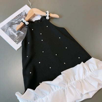 Girls Casual Dresses New 2024 Fashion Lovely Sweet Summer Sling Sleeveless New Vest Princess Pearl Pleated Childrens Clothing