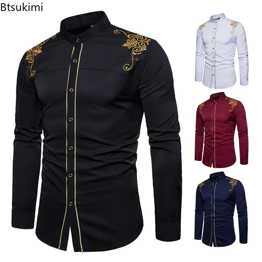 Men's England Style Embroidery Shirts Long Sleeve Lapel Single-breasted Casual Social Party Dress Shirts Men Street Clothing New