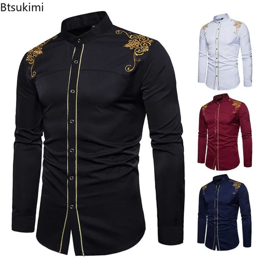 Men's England Style Embroidery Shirts Long Sleeve Lapel Single-breasted Casual Social Party Dress Shirts Men Street Clothing New