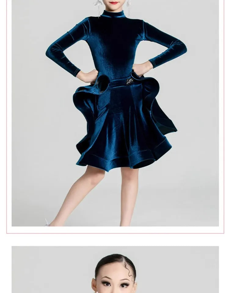 Girls' Latin Dance Dress Autumn/Winter Long Sleeve Professional Practice Dress Velvet Split Set Dance Performance Dress
