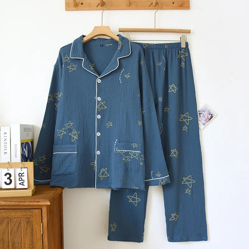 Men's Trousers Pajamas Set for Spring and Summer Thin Design Cotton Fabric Short Sleeved Long Pants Home Men Pyjama Set