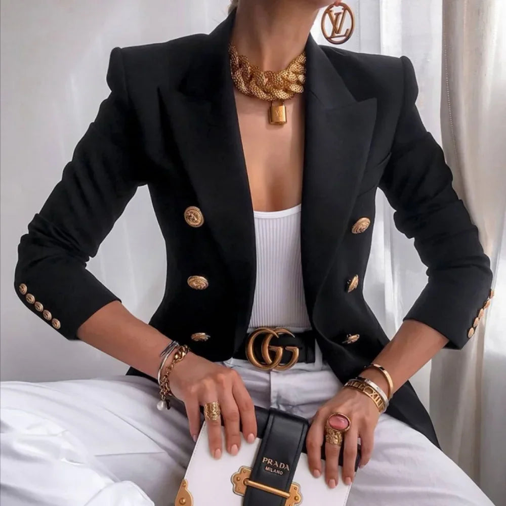 women suits jacket Women's Notched Lapel Double Breasted Blazer Suit Long Sleeve Buttons Casual Work Office Jacket Blazers