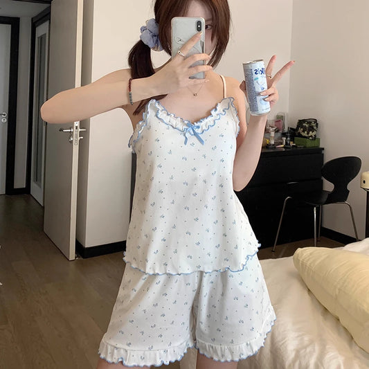 Girls Sweet Floral Pajamas Female With Chest Pad Camisole Vest Home Wear Suit