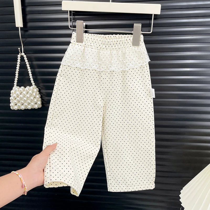 Girls' Pants Spring and Autumn Straight-Leg Pants Fashionable Beige Polka Dot Wide Leg Pants Cotton Lace Side Long Pants