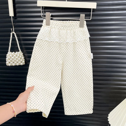 Girls' Pants Spring and Autumn Straight-Leg Pants Fashionable Beige Polka Dot Wide Leg Pants Cotton Lace Side Long Pants
