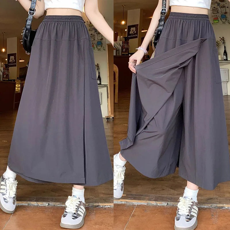 Girls Chic Elastic High Waisted Long Pants Lady Comfortable Wide Leg Trousers Women Korean Fashion Solid Color Slacks