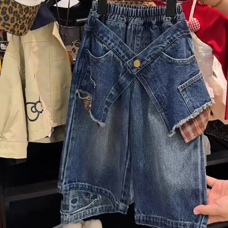 Girls' Pants Autumn 2025 New Style Children's Fashionable Splicing Denim Wide Leg Baby Loose and Versatile Skirt Pants Trend