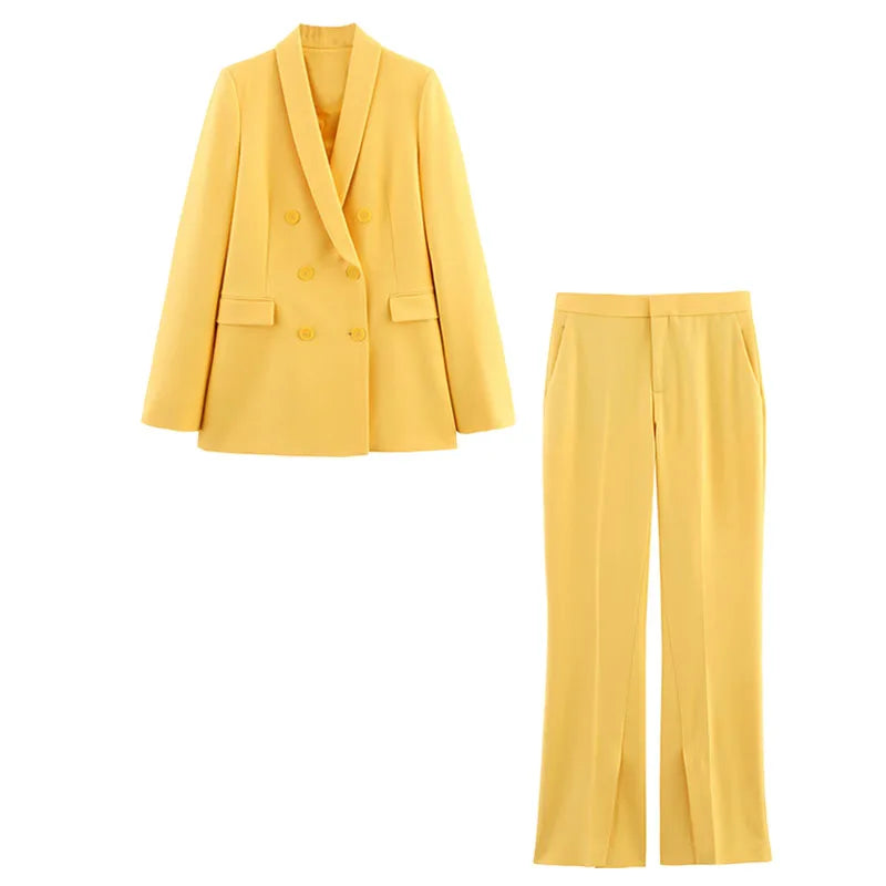 HH Women Spring Suit Turn-Down Collar Long Sleeves Double-Breasted Blazers+Mid Waist Zipper Flared Pants Women Casual Set