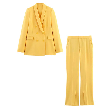 HH Women Spring Suit Turn-Down Collar Long Sleeves Double-Breasted Blazers+Mid Waist Zipper Flared Pants Women Casual Set
