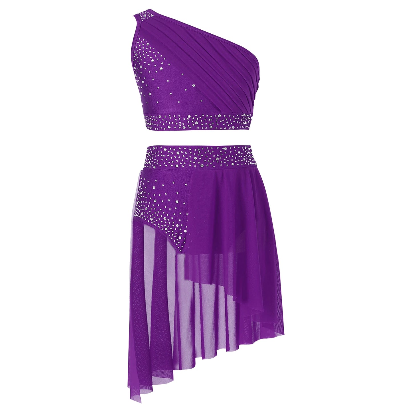 Teen Girls Modern Lyrical Dance Performance Outfit One Shoulder Crop Top with Leotard Skirt for Jazz Skating Ballet Gymnastics