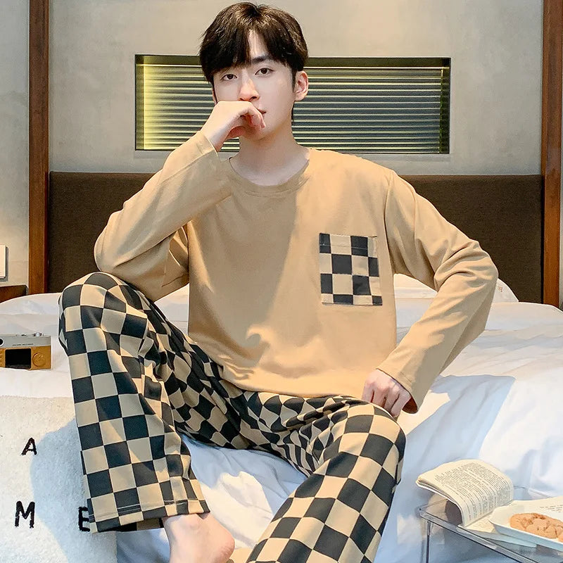 Men Pajamas Set of Autumn and Winter Tops and Pants Youth Nightwear Homewear Two-Piece Student Striped Sleepwear Loungewear