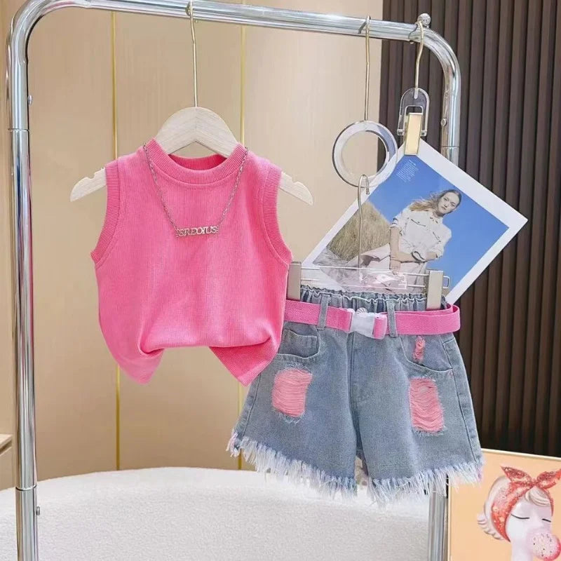 Girls' Denim Shorts Suit Summer 2025 New Kids Outfits Korean Version Little Girls' Fashionable Shorts T-shirtTwo-piece Set 2-10T