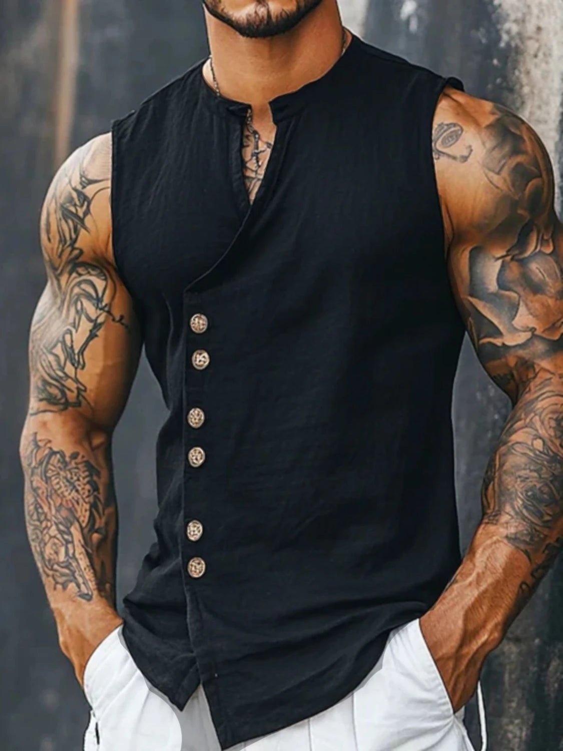 Mens Beach Vacation Linen Look 2 Piece Set, Sleeveless Stand Collar Vest & Side Button Wide Leg Trousers, Breathable Casual Summ