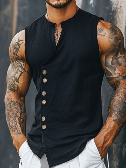 Mens Beach Vacation Linen Look 2 Piece Set, Sleeveless Stand Collar Vest & Side Button Wide Leg Trousers, Breathable Casual Summ