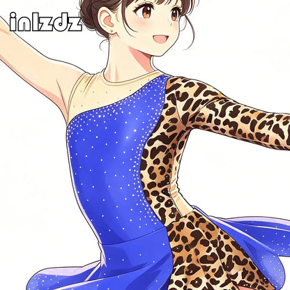Teens Girls Lyrical Dance Dress Skating Rhythmic Gymnastics Costume Contrast Color Asymmetrical Split Rhinestones Leotard Dress