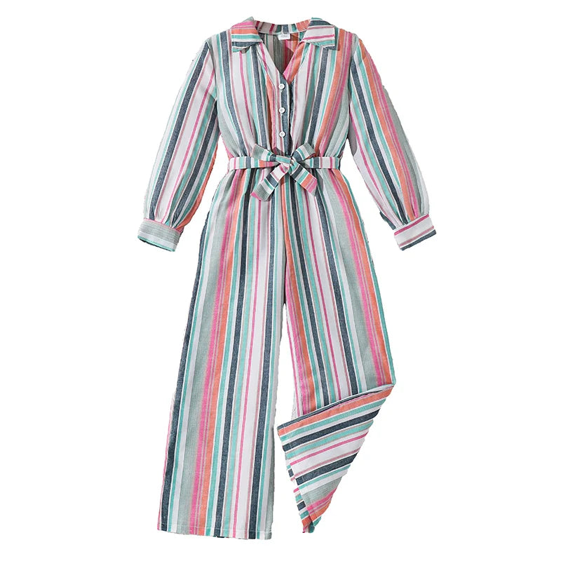 Girls 8-12 fashion jumpsuit, striped shirt-style romper with wide legs, lightweight and stylish for school and outdoor wear