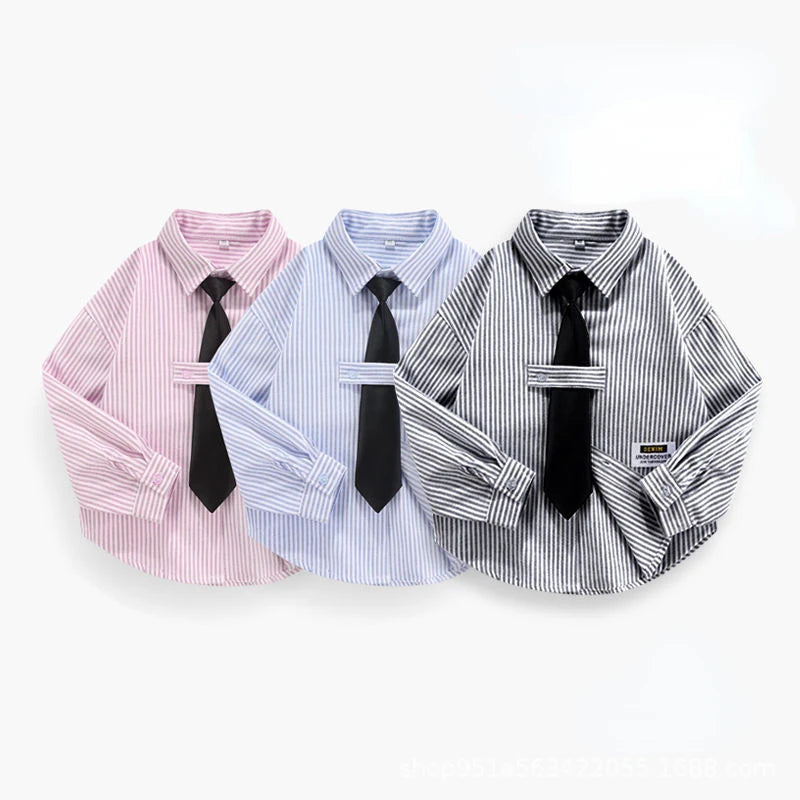 Girls Boys Blouses Long Sleeved Shirts Teens England Style Outerwear Kids Necktie Jacket 2024 Spring Autumn Children's Clothing