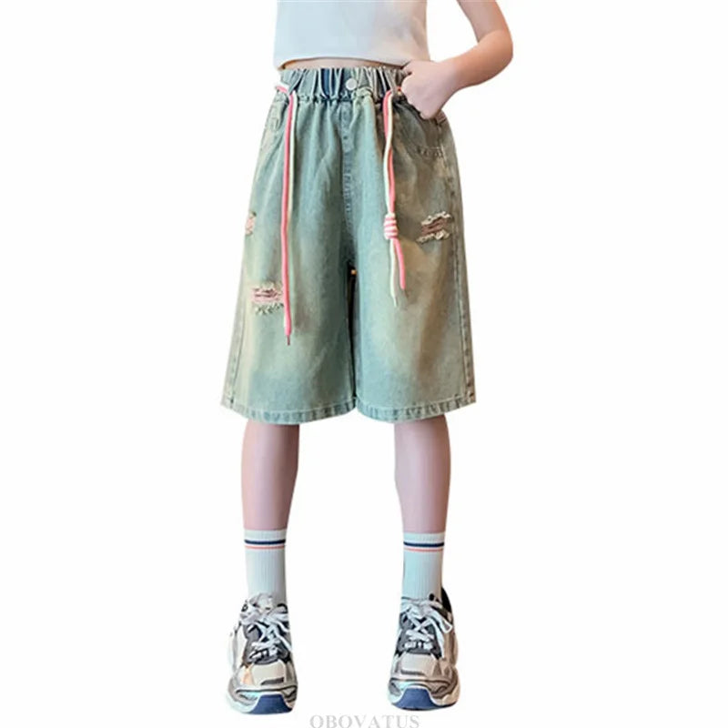 Teen Girls Knee-Length Denim Shorts Kids Elastic Waist Summer Ripped Shorts Pants For Teenager Casual Outfit Age 5 To 14 Years
