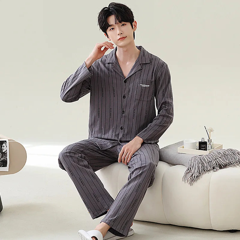 Pajamas for Men Spring Autumn Long Sleeve Lapel Button-up Cardigan Trousers Two-pieces Loose Casual Home Clothes Men Pajama Sets