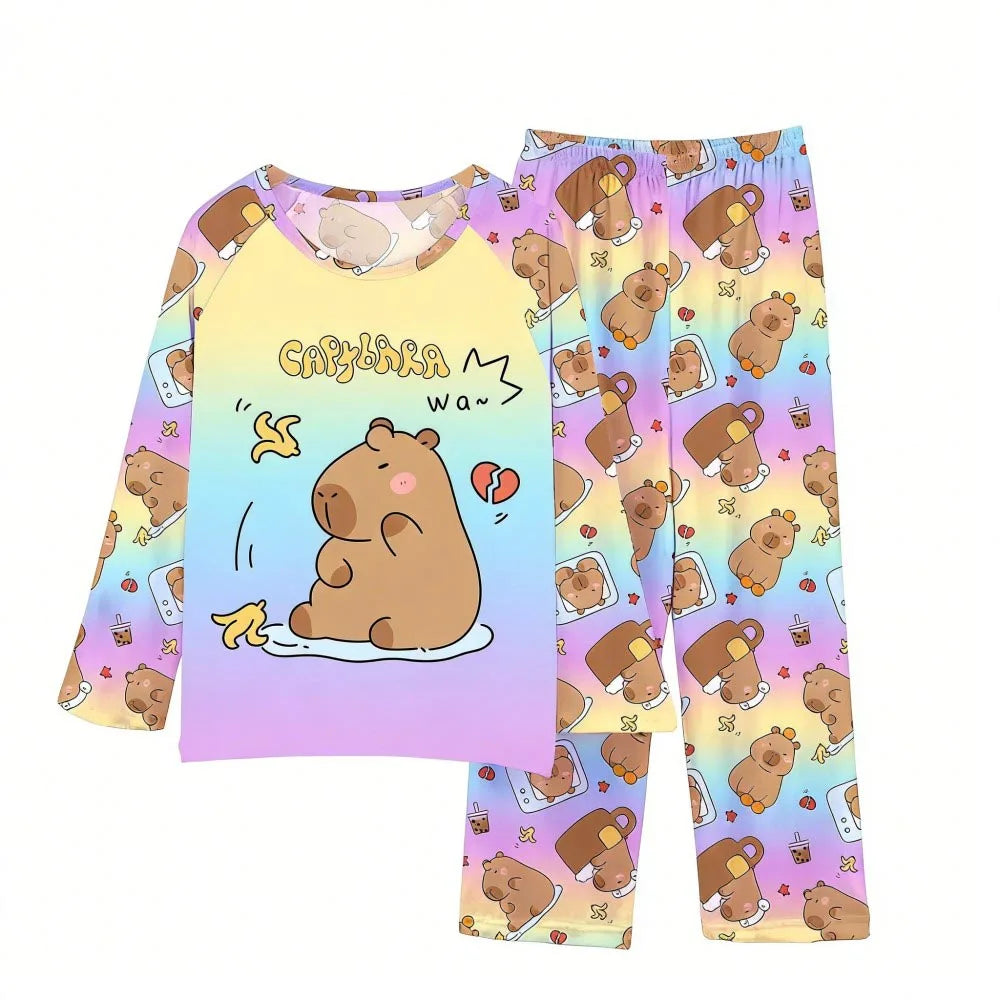 Boys Girls Pajamas Sets Kids Toddler 3 to 4 5 6 7 8 9 10 11 12 Years Capybara Pink Brown Long Sleeve Pyjamas Children's Clothing