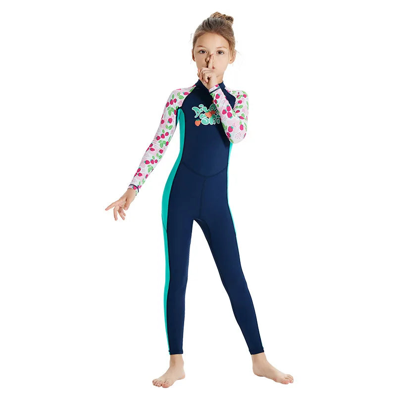 Boys Girls One-Piece Swimsuits Swimwear Long Sleeve Wetsuits Bathing Suit Beachwear Sun Protection(Including Swimming Cap)