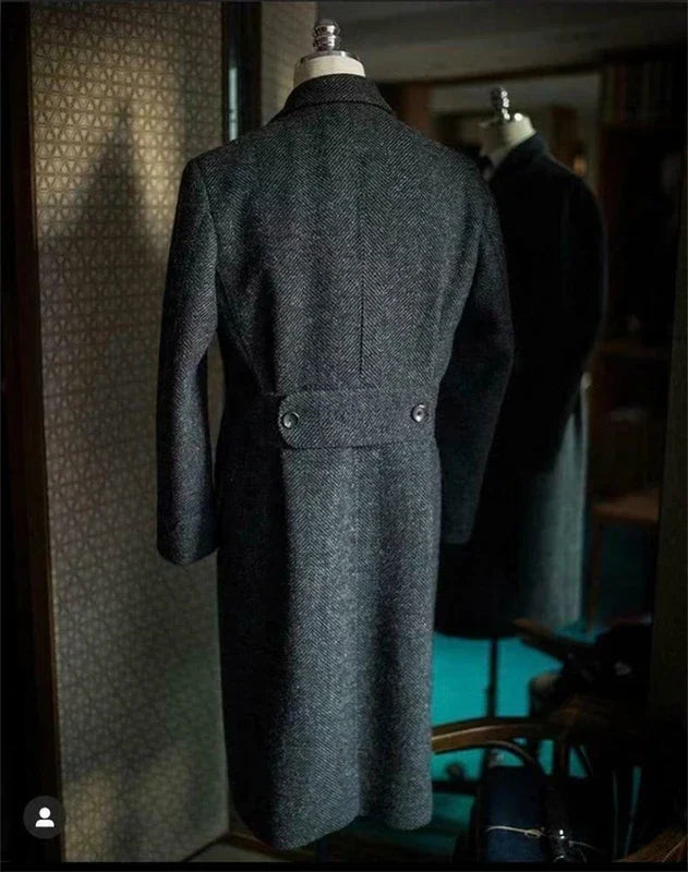 Men's Suits Herringbone Overcoat Thick Woolen Winter Long Formal Casual Jacket Tuxedo Party Outfit Handsome Coat