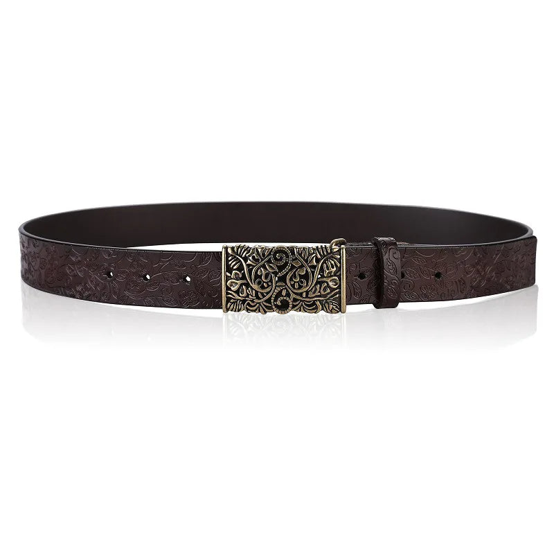 Vintage Flora Women Belts Cowhide Leather Belt Waistband with Sculpture Alloy Buckle for Dresses Skirts and Jeans