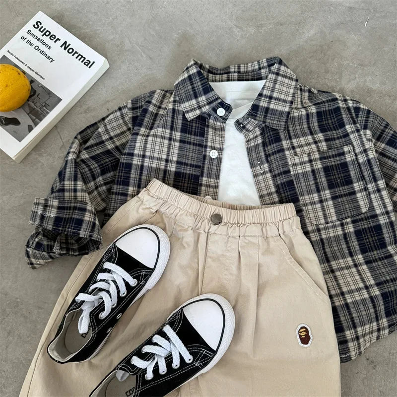 Children Shirts 2024 Autumn New Style Boys and Girls Embroidered Plaid Shirts Baby Versatile Shirts Fashion Jacket