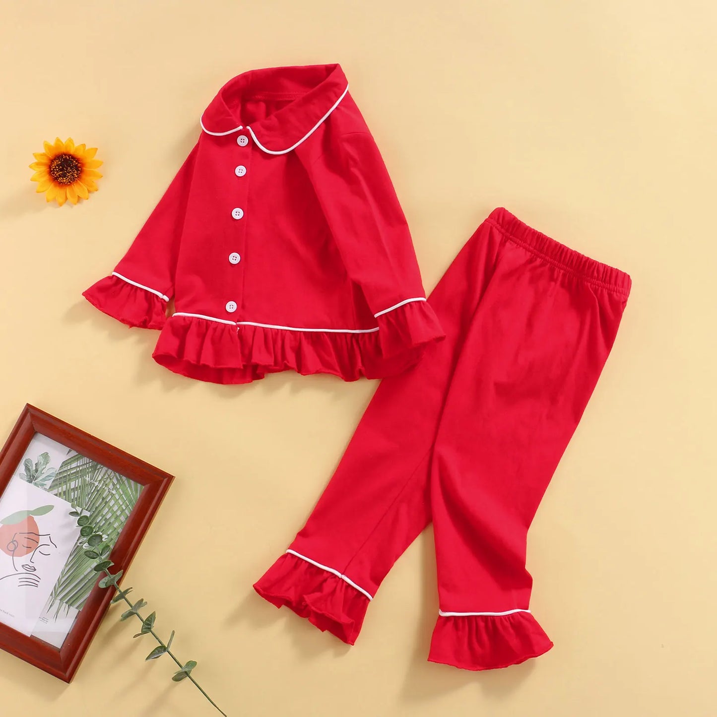 Baby Girls Pyjama Sets Cotton Long Sleeve Lapel Ruffle Hem Buttons Red Tops Pants Suit 2pcs Pjs for Toddler Girls Clothes