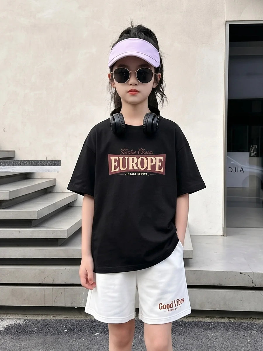 Teen Girls Clothing Set Summer Cotton Short Sleeve Top Shorts 2PCS Casual Europe Graphic Tee Distressed Print Clothes Set EU1