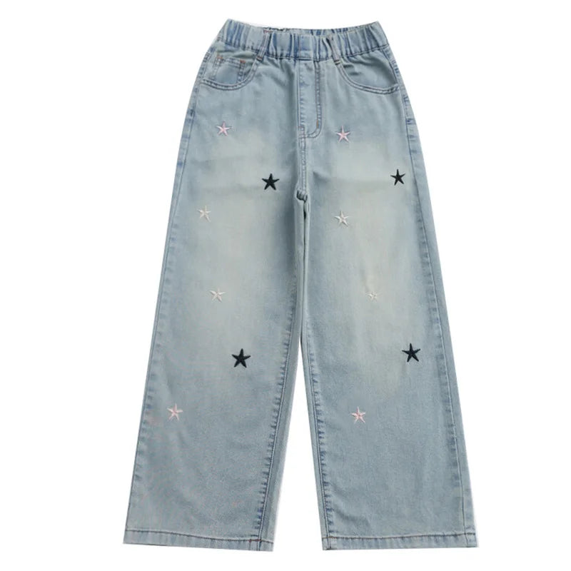 Girls' pants Summer thin 5-12 years old 15 years old medium children casual loose style little girls denim wide-leg pants