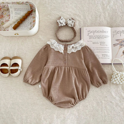 Baby Girls Clothes Toddler Autumn Winter Long Sleeve Lace Romper With Headwear For Infant Homewear Jumpsuit Baptism Overall