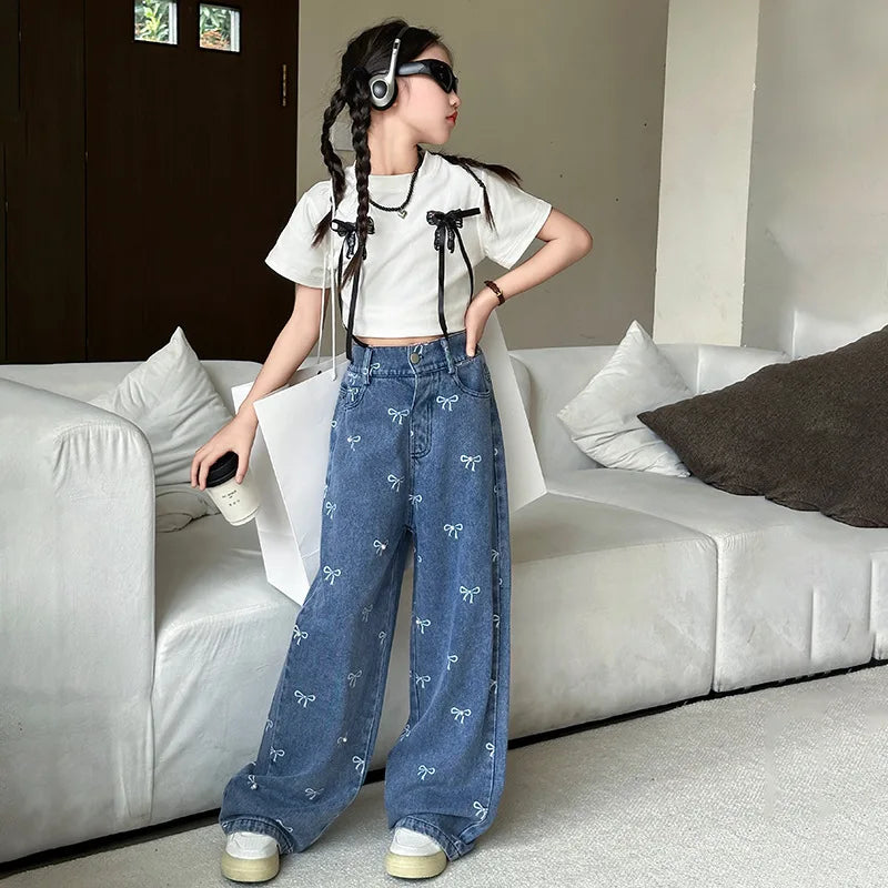 New Summer Girls Casual Style Jeans For Teenage Clothes Bow Print Denim Wide Leg Pants Spring Big Kids Straight Trousers 5-16Y