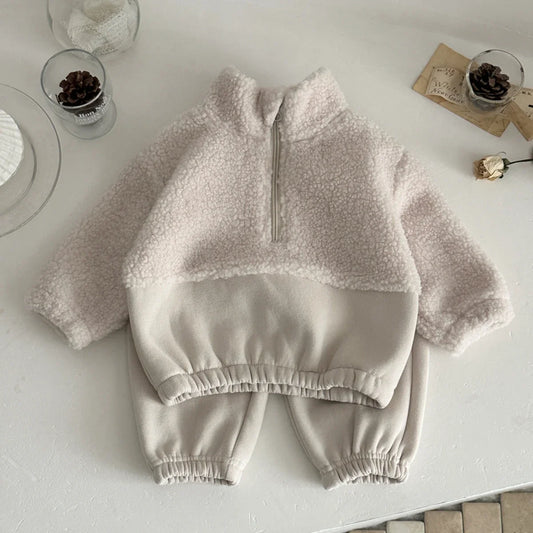 1-3 Year Baby Boy Girls Clothing Set Winter Autumn Lamb Fleece Sweatshirt Pants 2Pc Children Suit Toddler Kid Casual Outfit