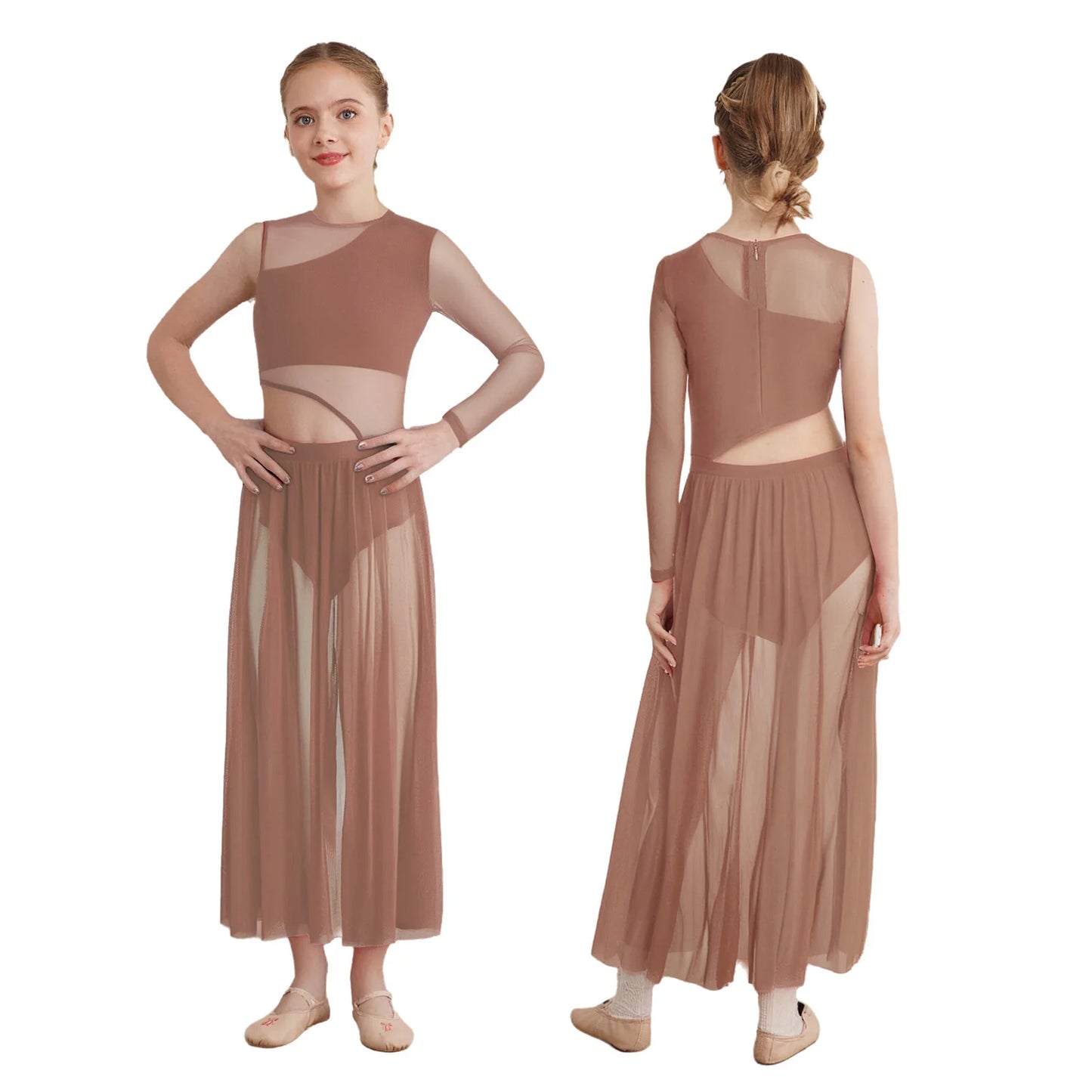 Kids Girls Modern Lyrical Dance Dresses Delicate Applique Keyhole Back Side Split Irregular Hem Asymmetrical Ruched Mesh Dress
