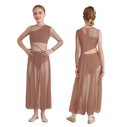 Kids Girls Modern Lyrical Dance Dresses Delicate Applique Keyhole Back Side Split Irregular Hem Asymmetrical Ruched Mesh Dress