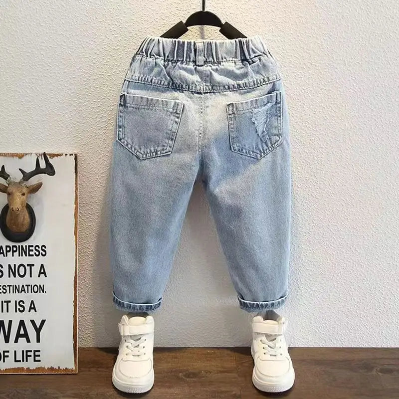 Boys Jeans for Children's Wear Spring and Autumn 2024 New Baby Fashion Korean Fit Long Pants for Children's Hole Jeans 2-9Y