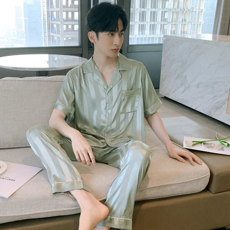 Pajamas Men Spring Summer Thin Ice Silk Luxurious Loose Fitting Home Wear Suit Male Satin Pyjamas Set Night Pajamas Set Men