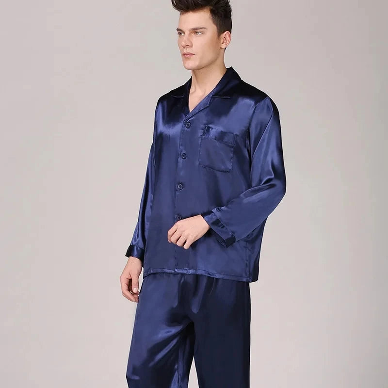 Pajamas Men Spring Summer Thin Ice Silk Luxurious Loose Fitting Home Wear Suit Male Satin Pyjamas Set Night Pajamas Set Men