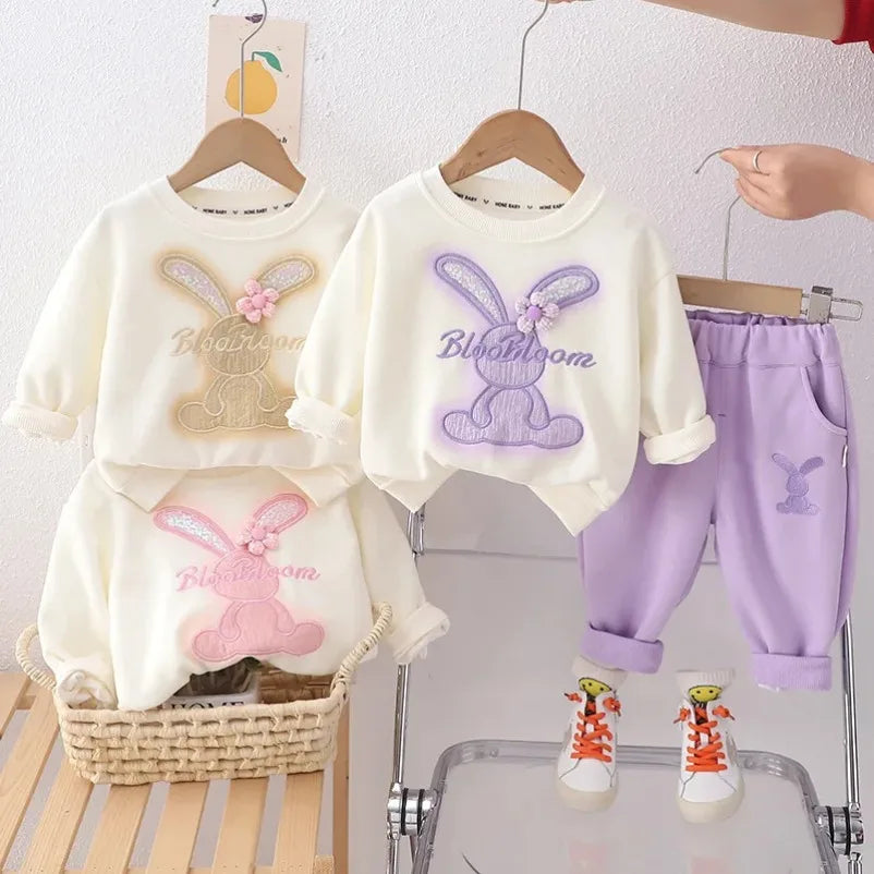 Baby girl spring clothes New Children's Cartoon Rabbit Long-Sleeved Sweater Two-Piece Spring and Autumn Children'